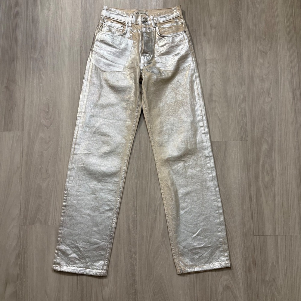 ZARA Pants Women Metallic Silver High Waisted Wide Leg Jeans Women Size US 4